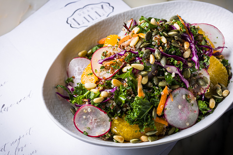 Curly Kale Salad with Quinoa, Dry Seeds, Red Radish and Orange Vinaigrette_2