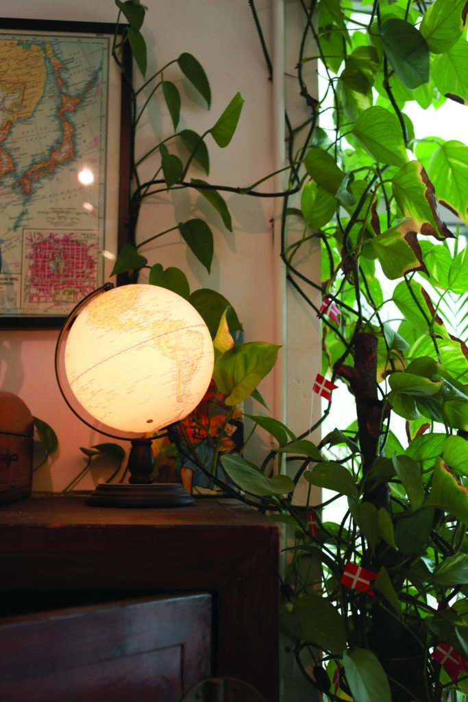 A lamp on a shelf next to a plant. 