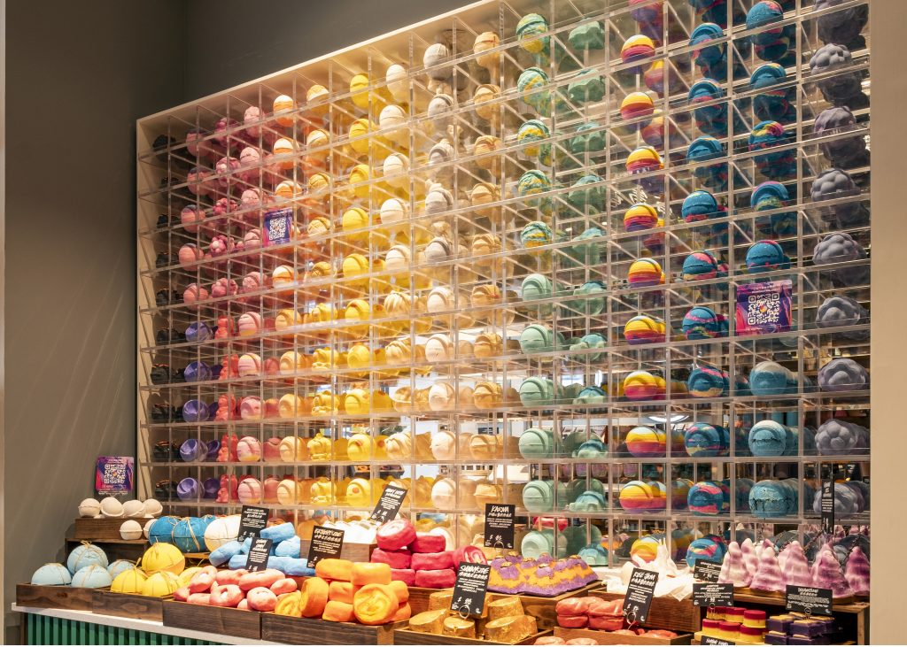 A wall of zero-waste bath bombs from Lush. 