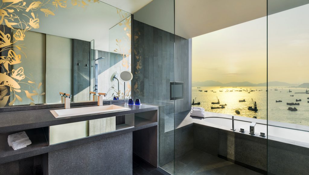 The bathroom in the Marvelous Suite at the W Hotel in Hong Kong, which is offering a staycation package with The Mills. 