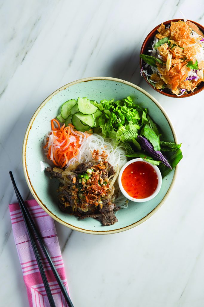 A plate of beef and rice noodles at Vietnamese brasserie Le Garcon Saigon, a healthy lunch option in Wan Chai. 