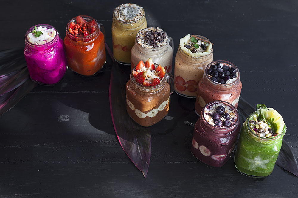 A collection of homemade smoothies at Escape Ritual luxury retreat in Bali. 