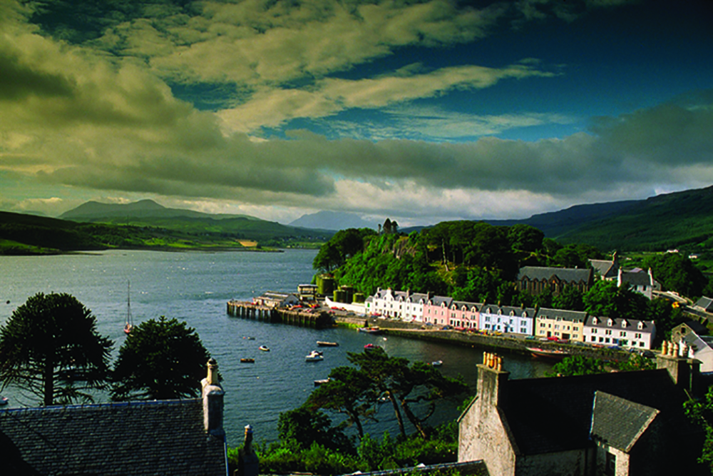 The capital town of Skye, Portree, in the Scottish Highlands.