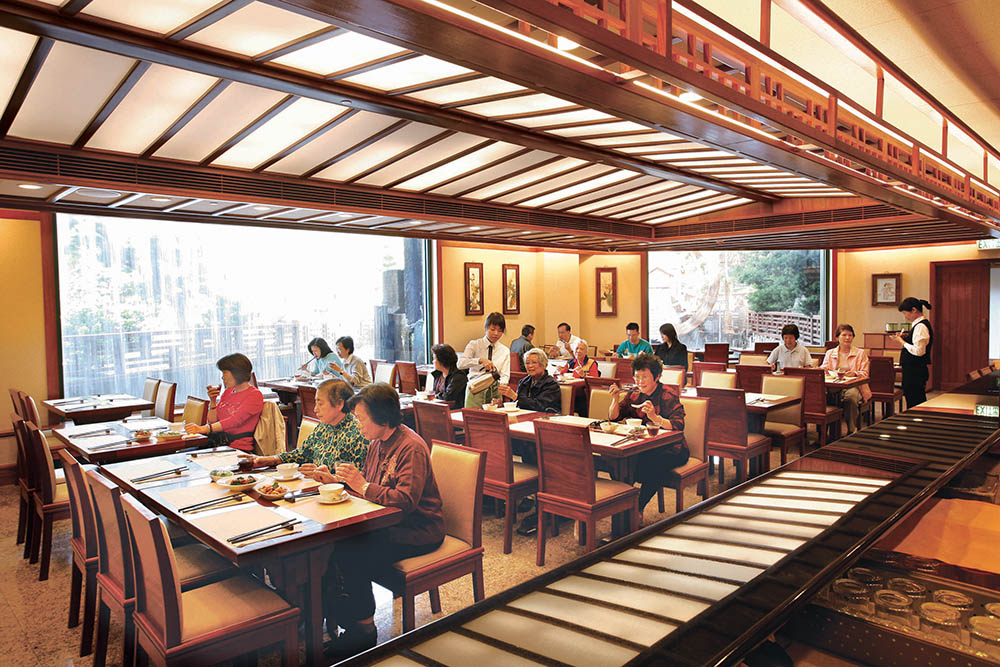 The inside of Chi Lin Vegetarian, a temple food restaurant inside Nan Lian Gardens in Hong Kong